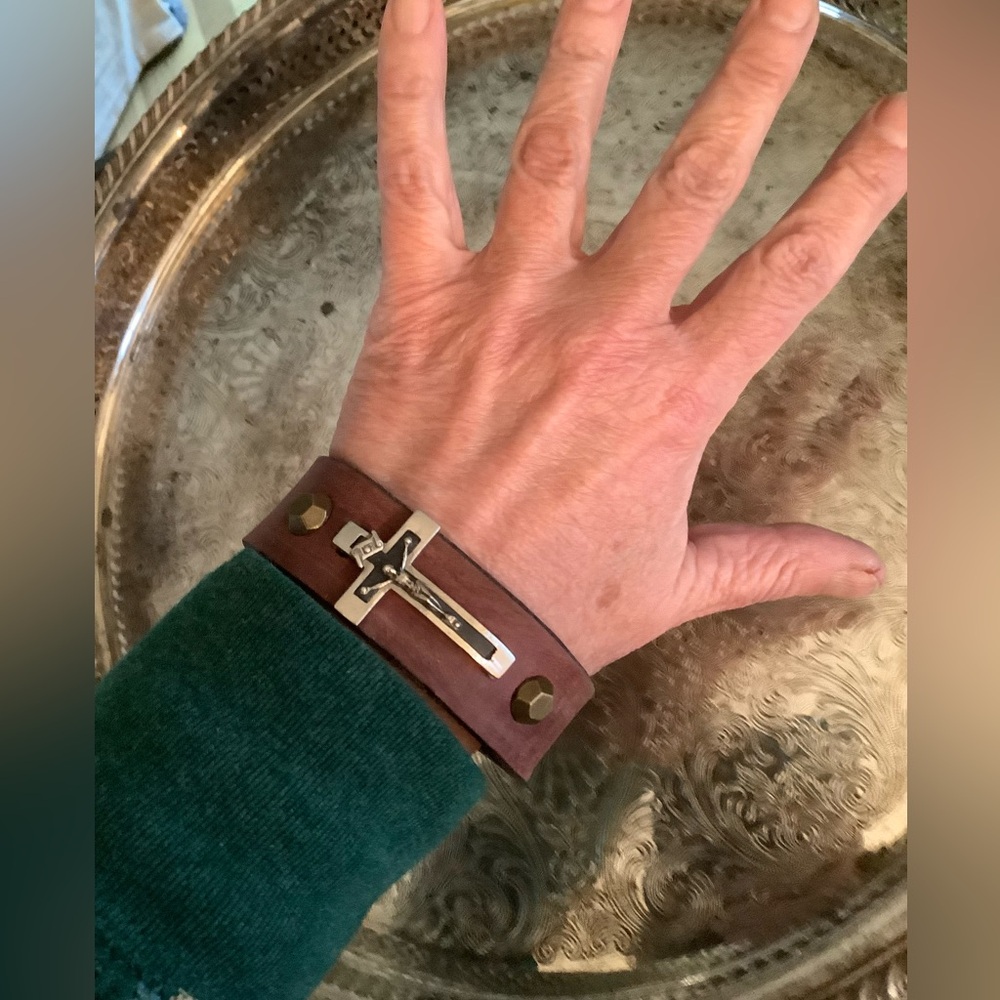 Crucifix leather cuff, up to 7 1/2” wrist